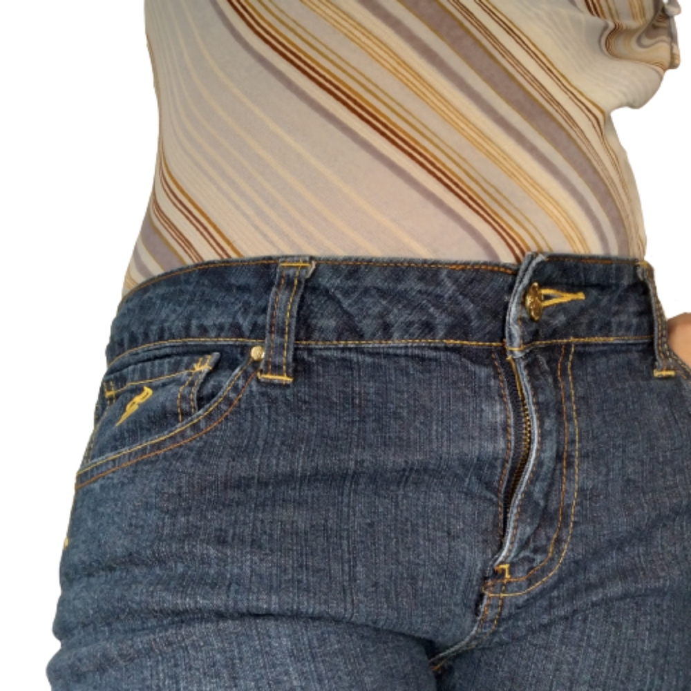 #336 Rocawear Blue Vintage Mid Low Rise Gold Embroidery Jeans Size 11